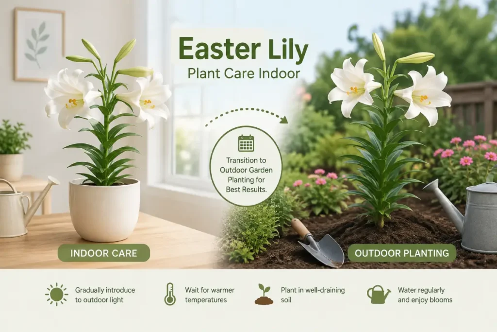 Easter Lily Plant Care Indoor and transition to outdoor garden planting for healthy blooms.