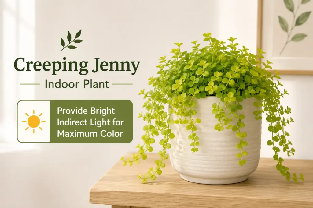 Creeping Jenny indoor plant receiving bright indirect light for maximum color.
