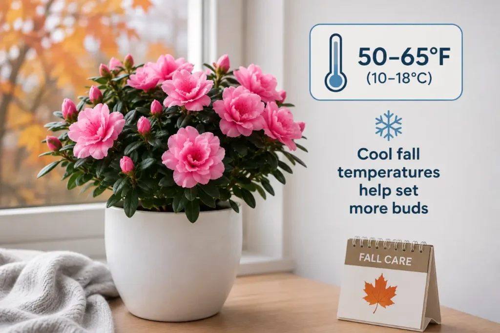 Indoor Azalea Plant Care showing cool fall temperatures to help indoor azalea plants set healthy flower buds indoors.