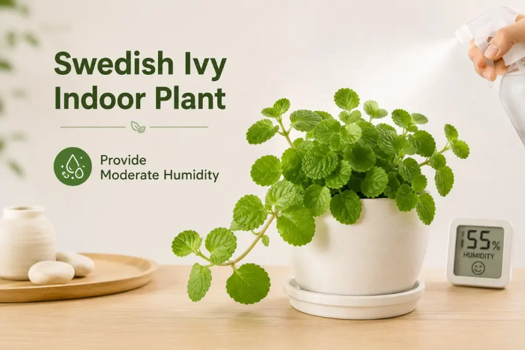 Swedish Ivy Indoor Plant thriving indoors with moderate humidity for healthy, lush foliage.
