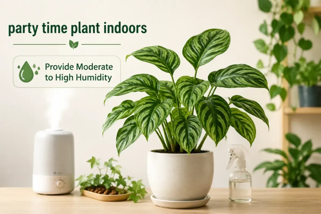 Party Time Plant Indoors thriving in moderate to high humidity with a humidifier nearby.
