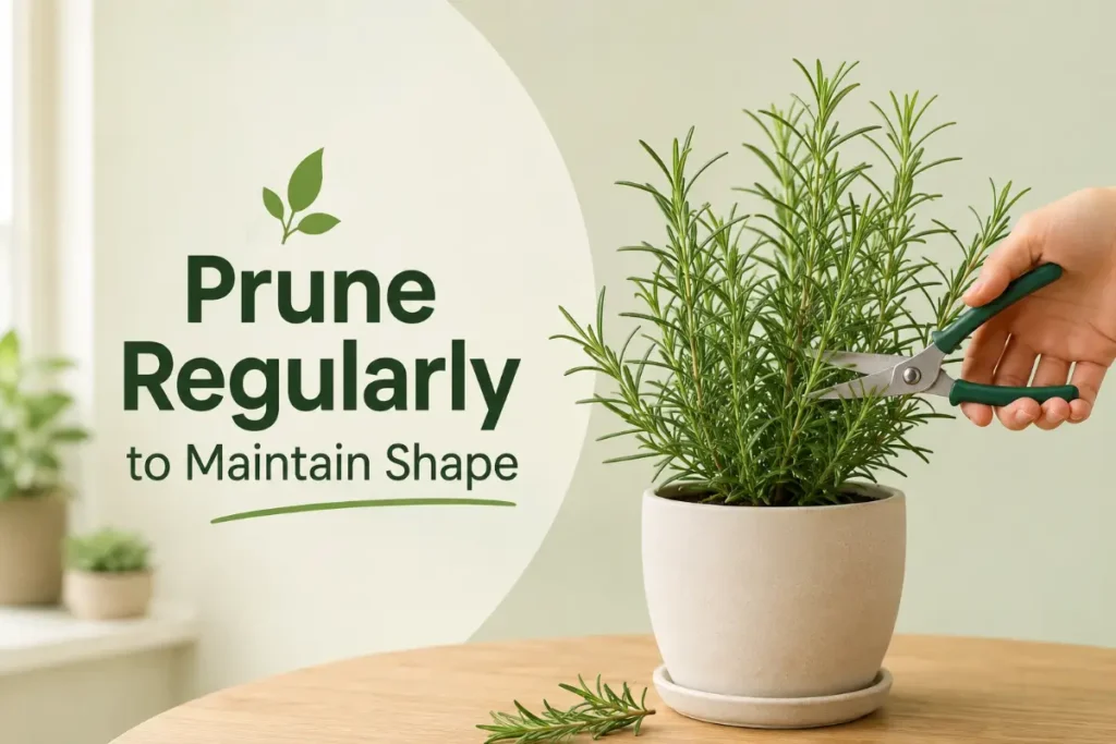 How to Care for a Rosemary Plant Indoors by pruning regularly to maintain a healthy, compact shape.