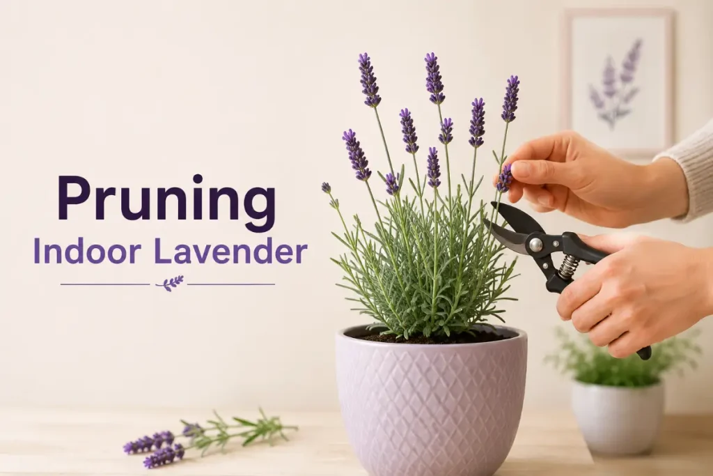 Pruning Indoor Lavender while caring for an indoor lavender plant.
