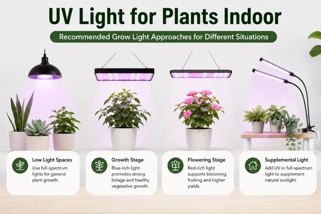 UV Light for Plants Indoor: recommended grow light approaches for different situations and plant growth stages.