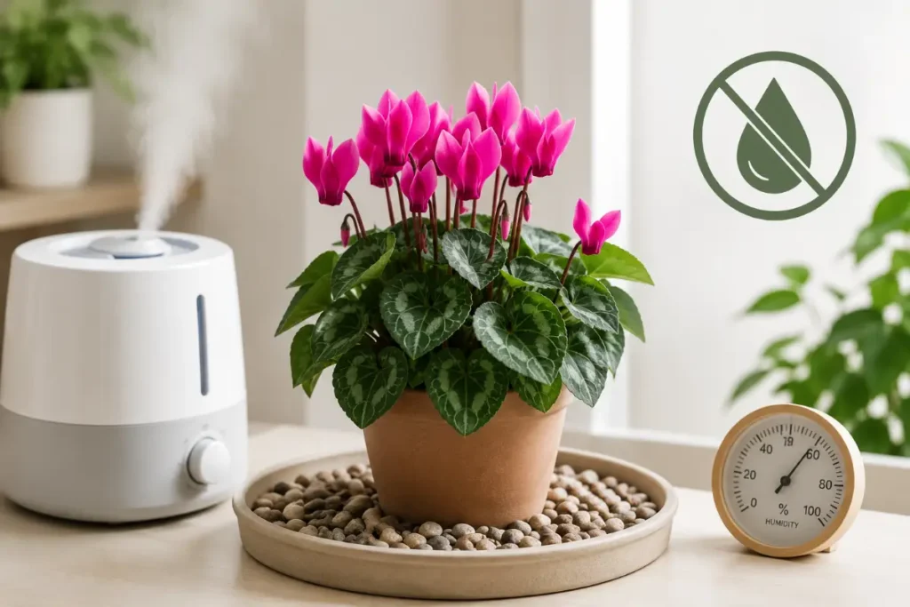 Care for Cyclamen Plant Indoors by managing humidity without wetting the foliage using a pebble tray and humidifier.