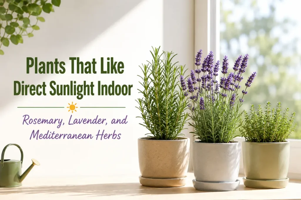 Plants That Like Direct Sunlight Indoor featuring rosemary, lavender, and Mediterranean herbs.