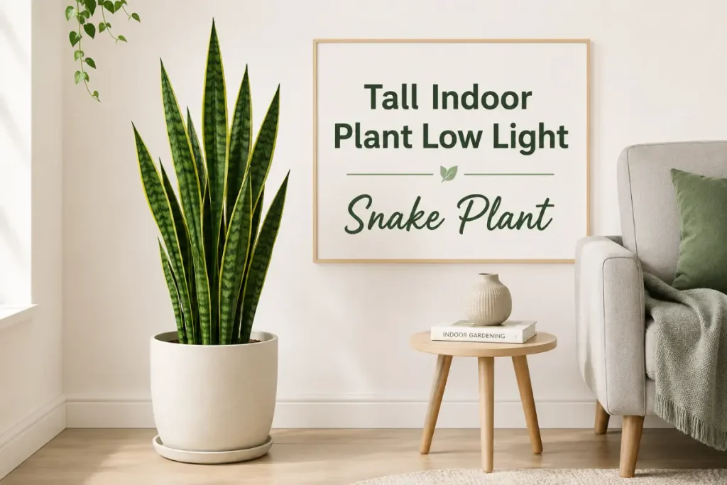Tall indoor plant low light with a healthy Snake Plant in a minimalist living room.