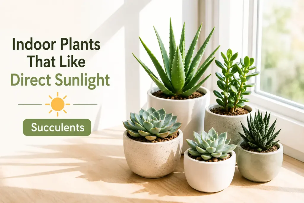 Indoor Plants That Like Direct Sunlight featuring healthy potted succulents by a bright window.
