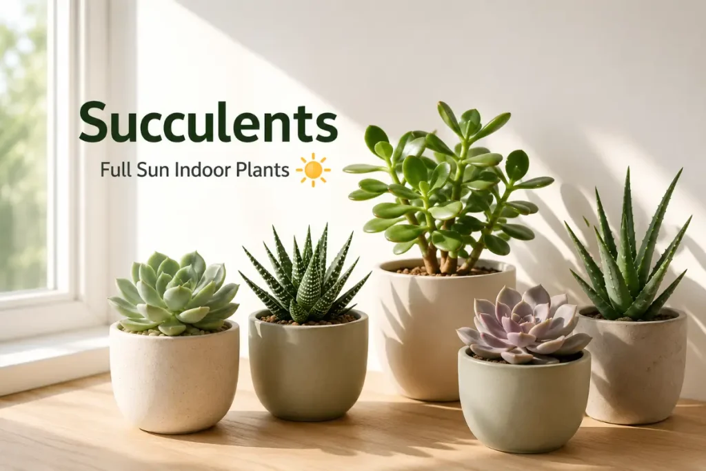 Succulents in bright sunlight by a window as full sun indoor plants.