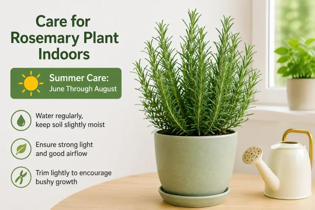 Care for Rosemary Plant Indoors during summer, June through August.
