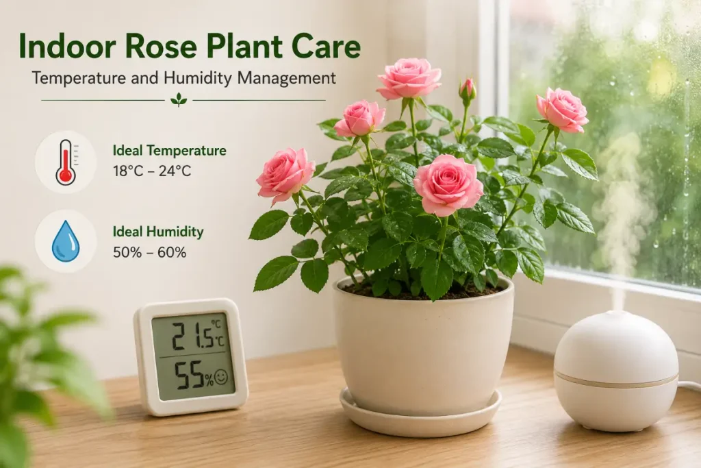 Indoor Rose Plant Care: managing temperature and humidity for healthy indoor roses.

