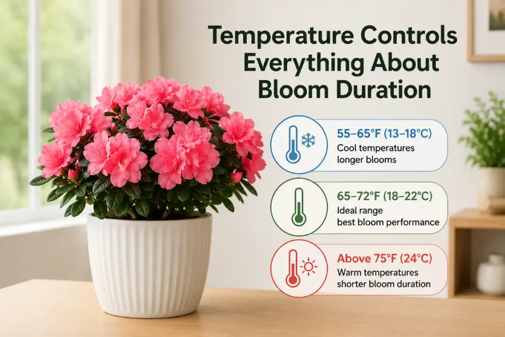 Azalea plants indoors need cool temperatures to help blooms last longer.

