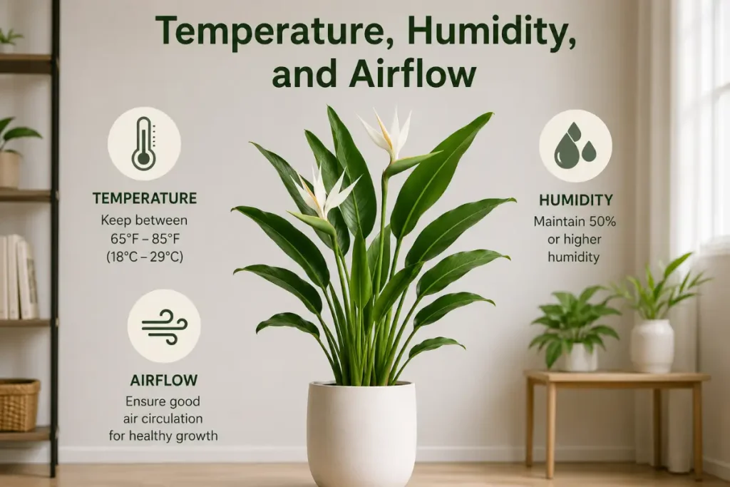 White Bird of Paradise Indoor Plant with ideal temperature, humidity, and airflow conditions indoors.