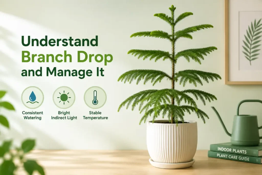 A clean Norfolk Island pine care graphic highlights branch drop prevention tips.