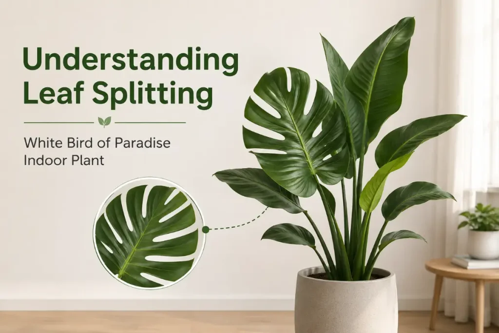 White Bird of Paradise indoor plant with naturally split leaves in a bright, minimalist home setting.
