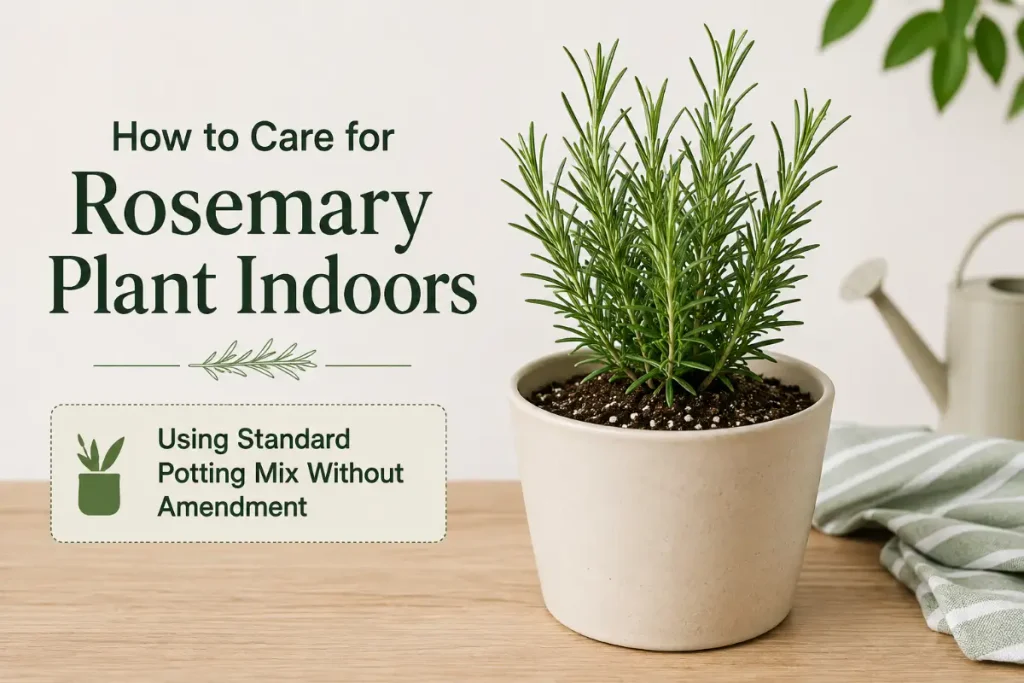 How to Care for Rosemary Plant Indoors with standard potting mix without amendment.