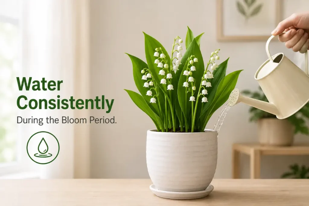 Lily of the valley indoor plant being watered consistently during its delicate bloom period.
