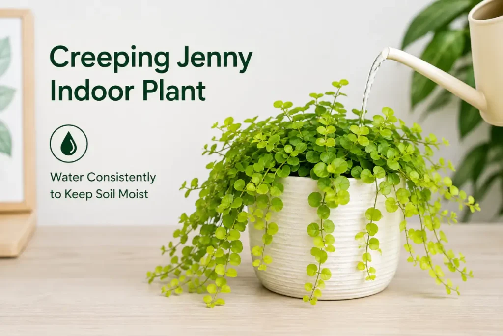 Creeping Jenny Indoor Plant thriving in a pot with consistently moist soil and regular watering.
