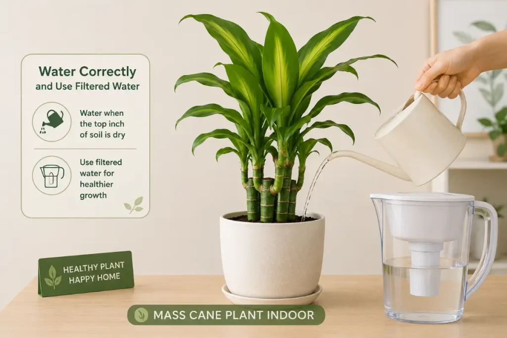 Mass cane plant indoor being watered correctly with filtered water for healthy growth