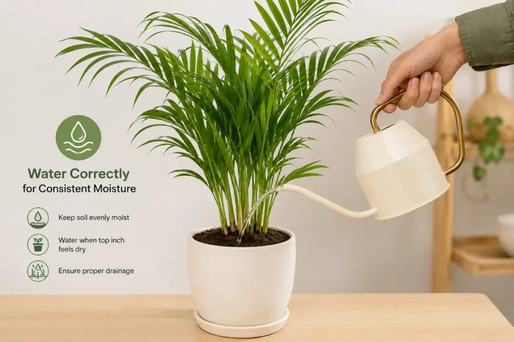 Areca Palm Indoor Plant Care showing how to water correctly for consistent moisture in a bright indoor setting.