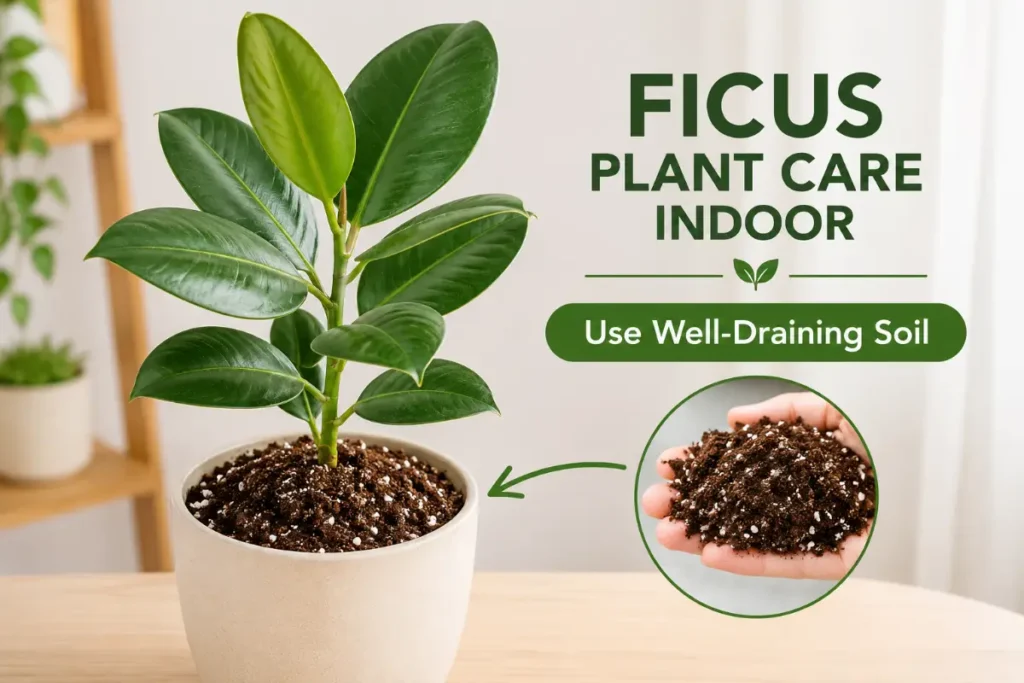 Ficus Plant Care Indoor with well draining soil in a potted ficus plant.