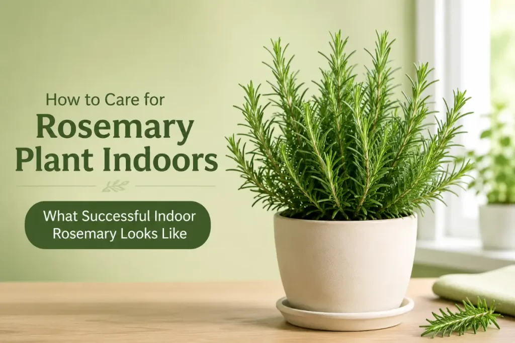 Healthy indoor rosemary plant growing lush and green in a pot, showing proper care and growth.