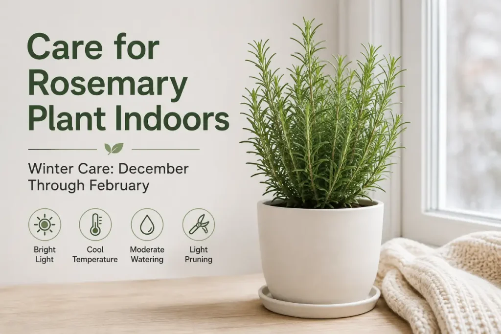 Care for Rosemary Plant Indoors during winter with bright light, cool temperatures, and careful watering.
