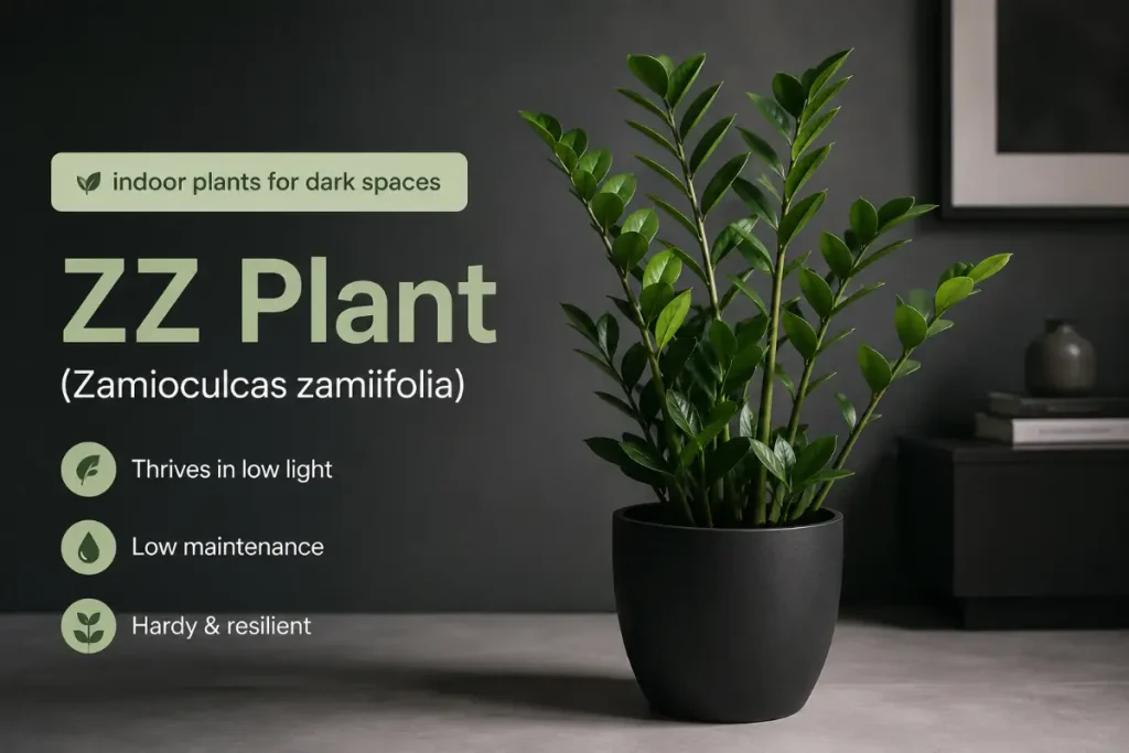 ZZ Plant (Zamioculcas zamiifolia), a low-light favorite among indoor plants for dark spaces.
