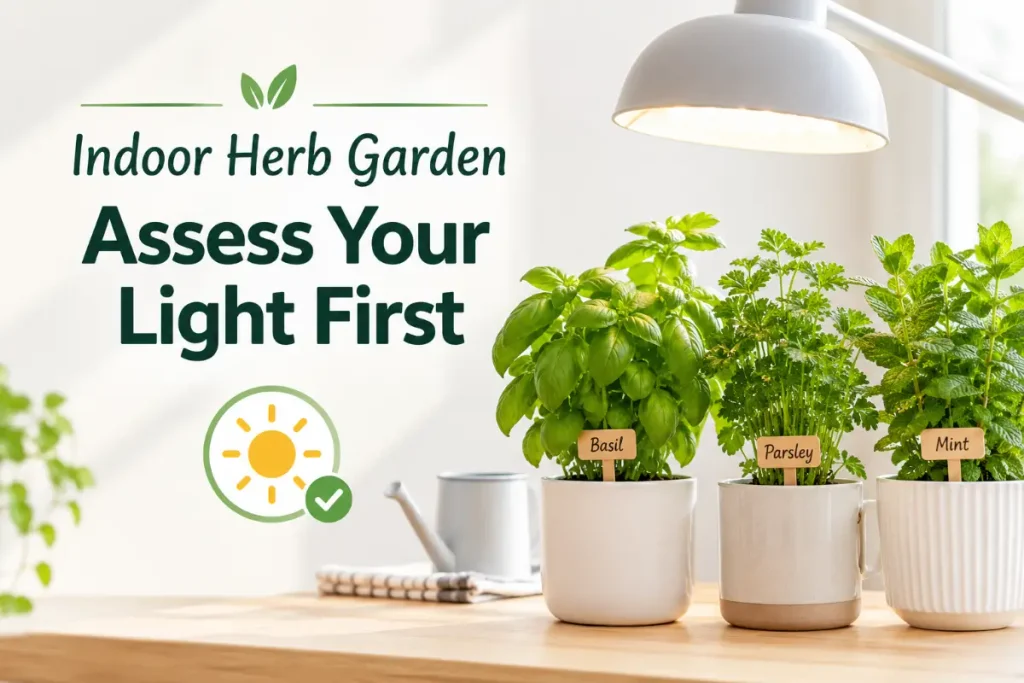 Indoor Herb Garden with herbs growing under suitable light.
