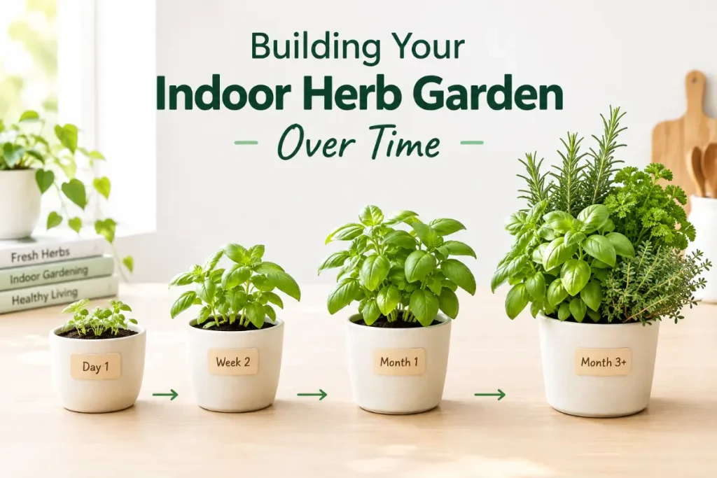 Building Your Indoor Herb Garden Over Time with fresh herbs growing indoors