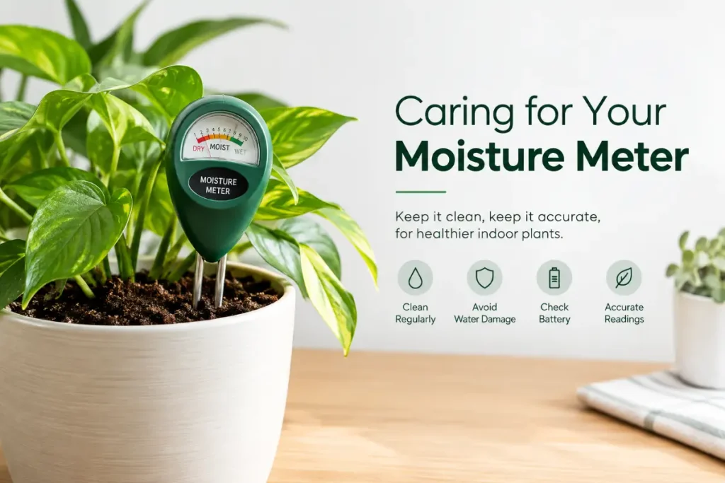 Caring for Your Moisture Meter with an indoor plant moisture meter in potted greenery.