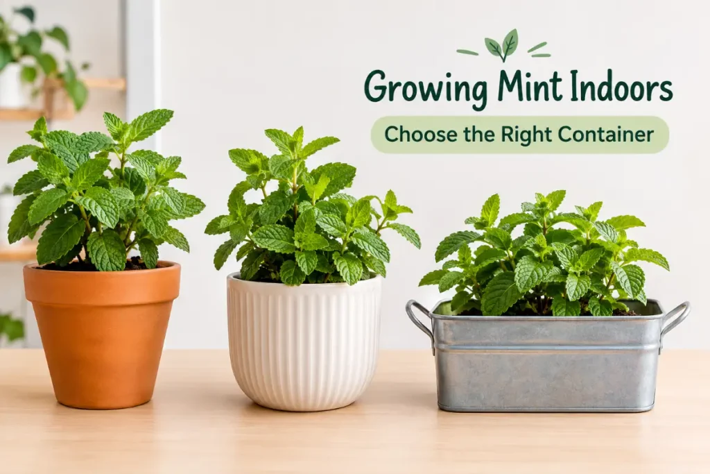 Growing Mint Indoors with healthy mint plants in different containers to help choose the right container