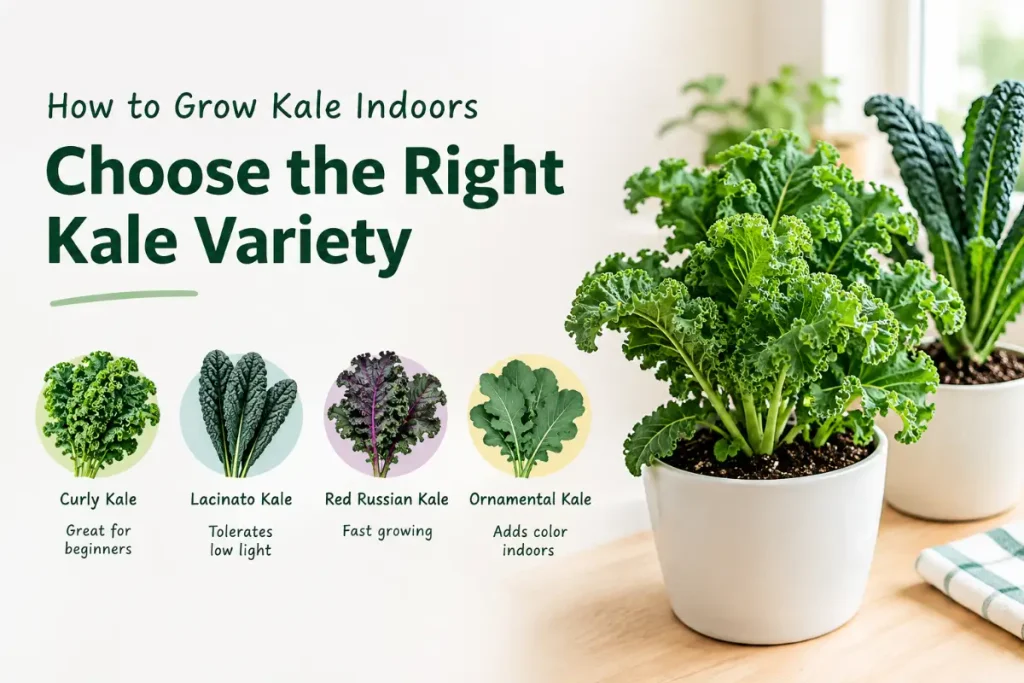 How to grow kale indoors by choosing the right kale variety.
