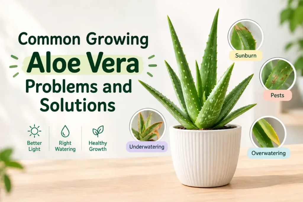 Growing aloe vera indoors with common problems and solutions for healthy plant growth.