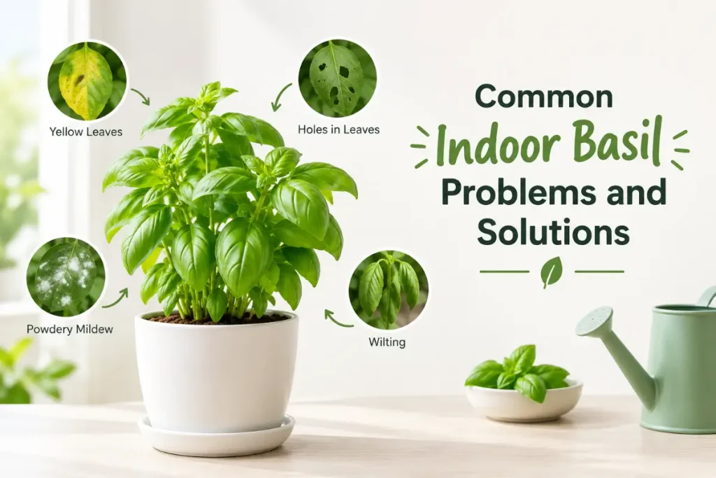 Growing basil indoors: common indoor basil problems and solutions for healthy plants.