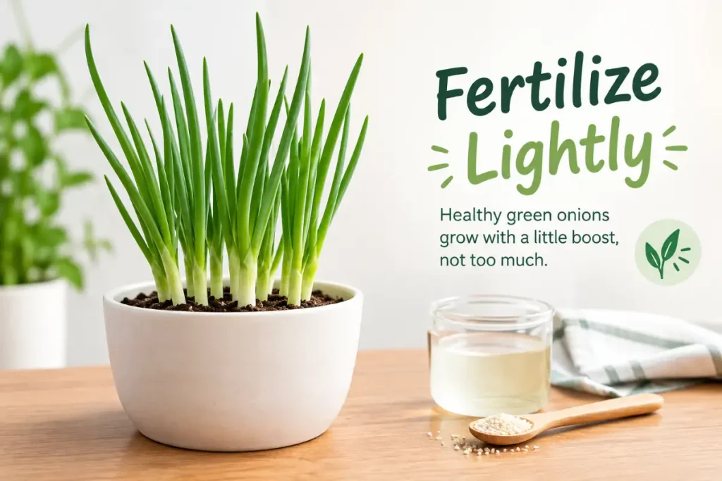 Growing green onions indoors with light fertilizer for healthy growth.
