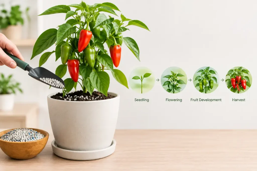 Growing Peppers Indoors with fertilizer for a healthy production cycle.