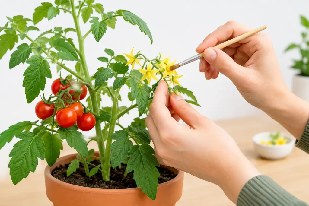 Indoor cherry tomato plant with hand pollination of flowers to encourage fruit growth indoors.
