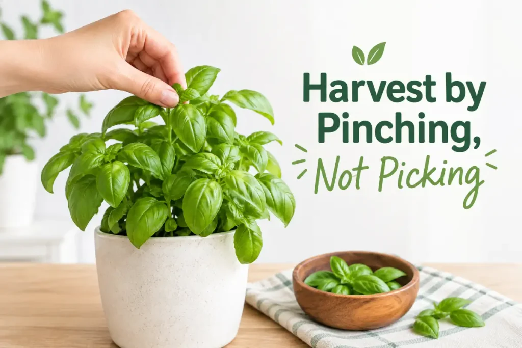 Growing basil indoors with fresh leaves harvested by pinching the stems.