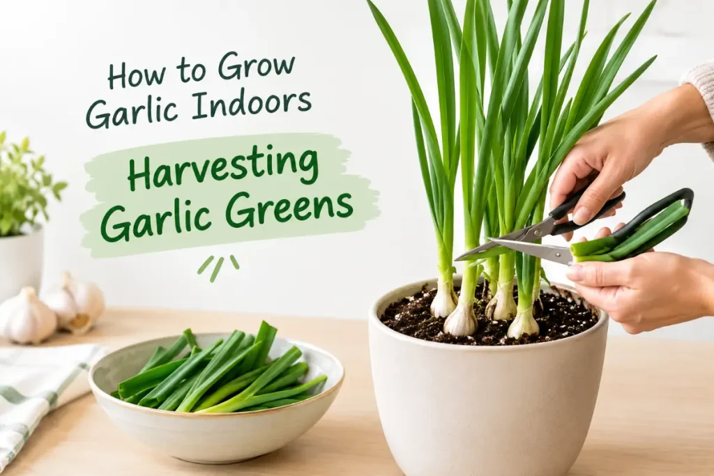 How to Grow Garlic Indoors with Harvesting Garlic Greens.
