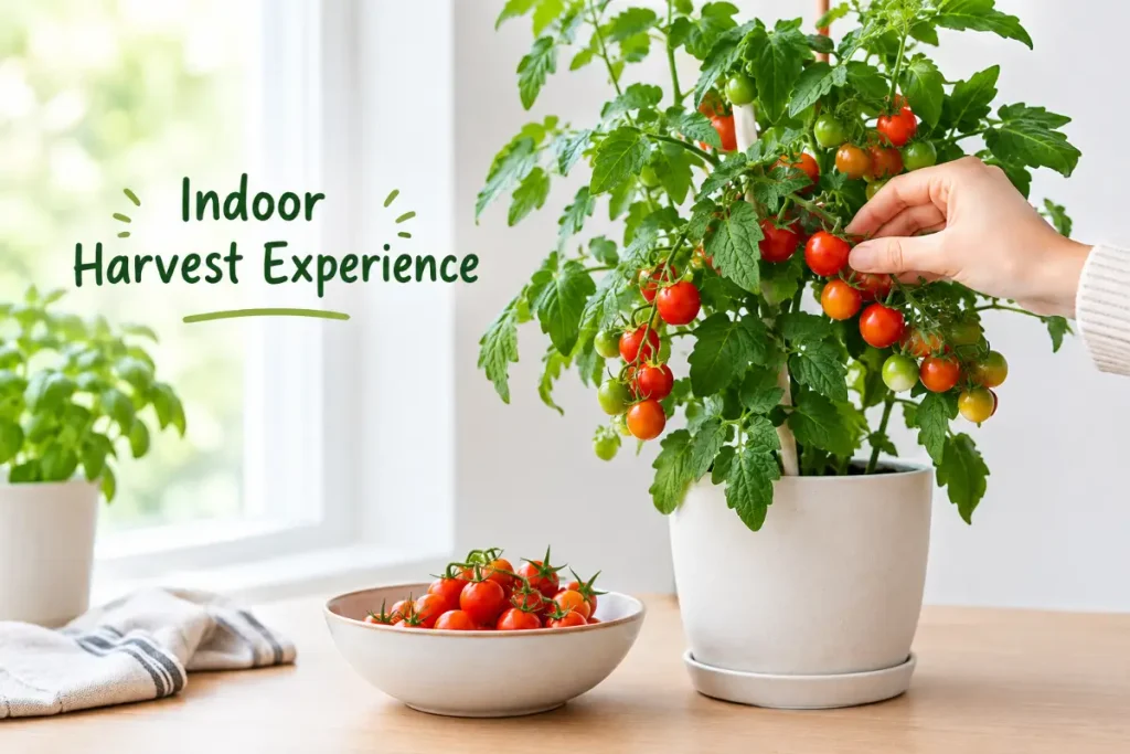 Indoor cherry tomato plant growing and producing a fresh harvest at home.