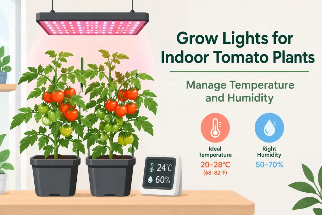 Grow Lights for Indoor Tomato Plants: Manage Temperature and Humidity for healthy indoor growth.
