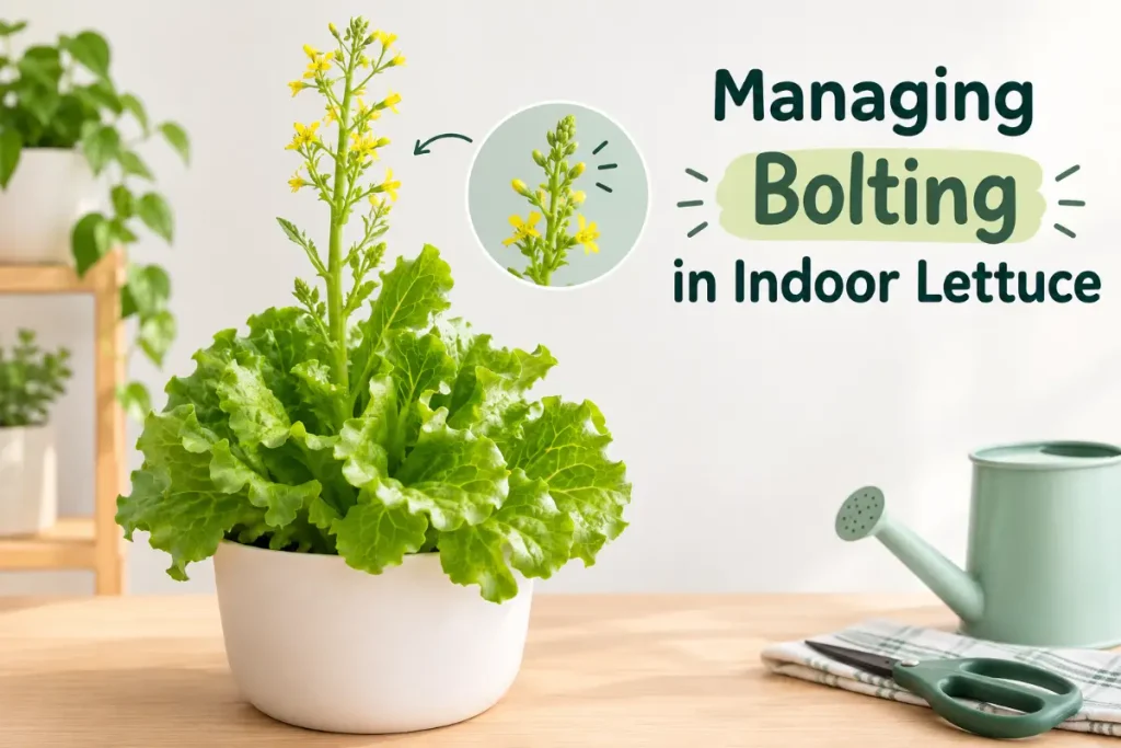 How to Grow Lettuce Indoors with tips for managing bolting in healthy indoor lettuce.