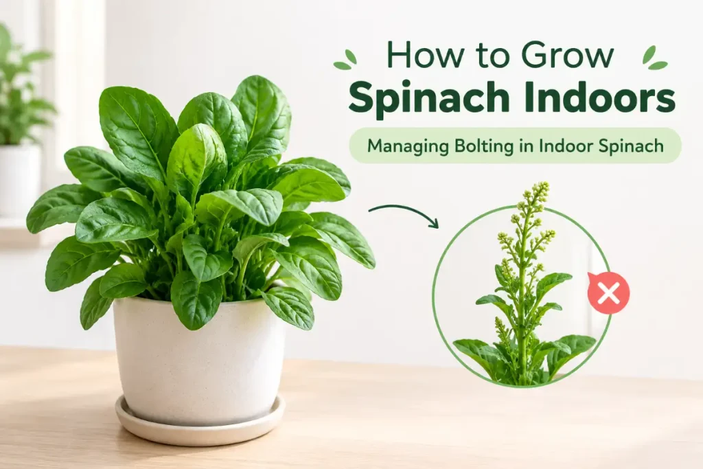 How to Grow Spinach Indoors with tips for managing bolting in indoor spinach.