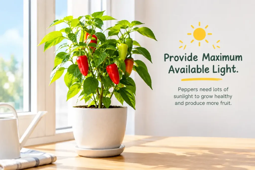 Growing Peppers Indoors with maximum available light for healthy growth and better fruit production.
