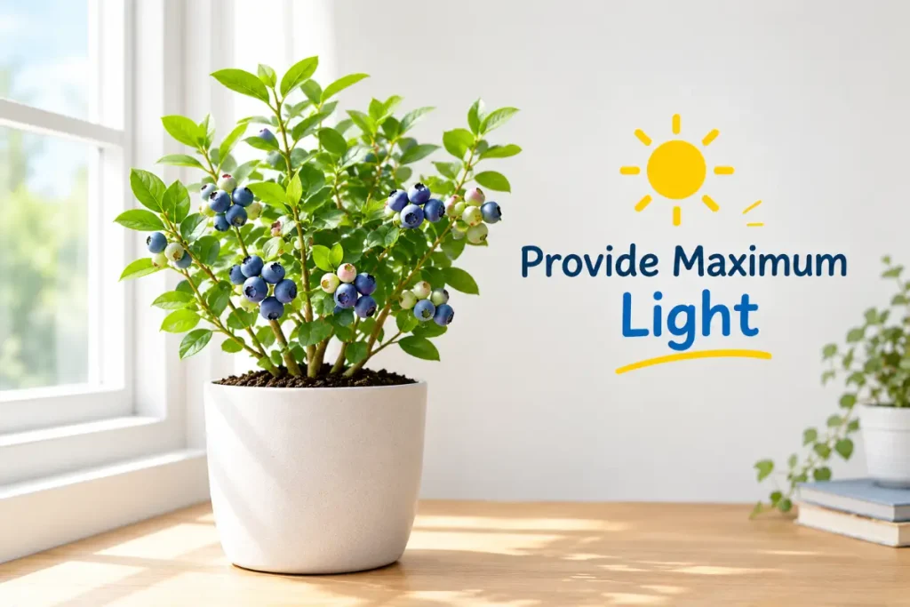 How to Grow Blueberries Indoors with maximum light for healthy growth and fruit production.
