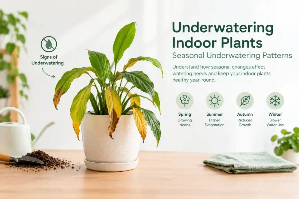 Underwatering Indoor Plants showing seasonal underwatering patterns and watering needs across the year.