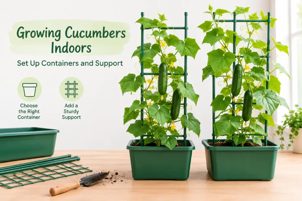 Growing Cucumbers Indoors with containers and sturdy support for healthy vertical plant growth.
