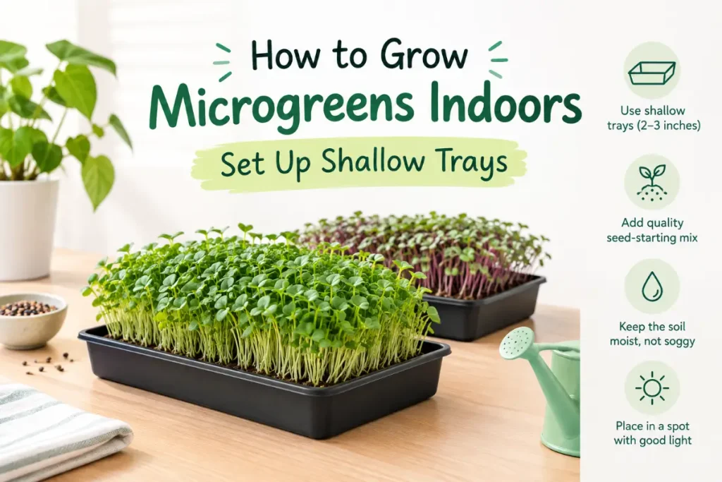 Shallow trays filled with fresh sprouts showing how to grow microgreens indoors in a bright, clean space.