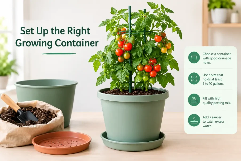 Indoor cherry tomato plant in the right growing container with drainage, potting mix, and saucer.